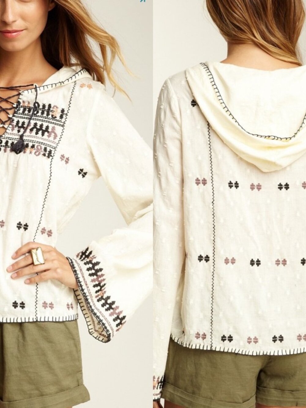 Ivory Free People Playa del Ray embroidered hooded top